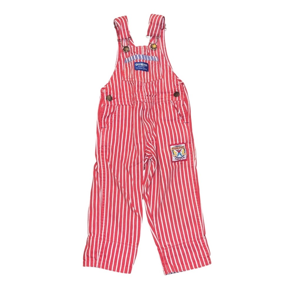 Vintage OshKosh B'Gosh Red White Stripe Overalls 2T USA Made Rough Tough Denim